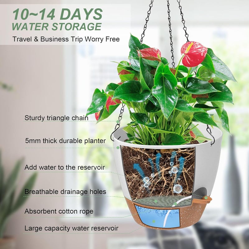 Vanslogreen Hanging Planters for Indoor Outdoor Plants, 1 Set Self Watering Hanging Pot with Drainage Holes & Removable Tray (White-12inch, 12'') - Image 2